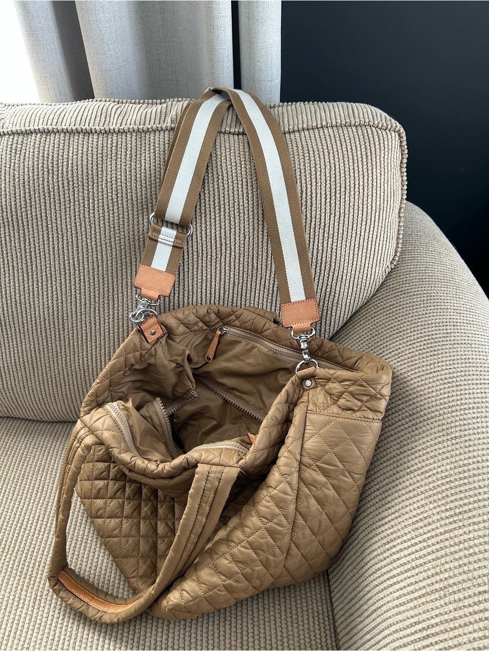 MZ Wallace Quilted Camel Tote with Removable Stripe Strap